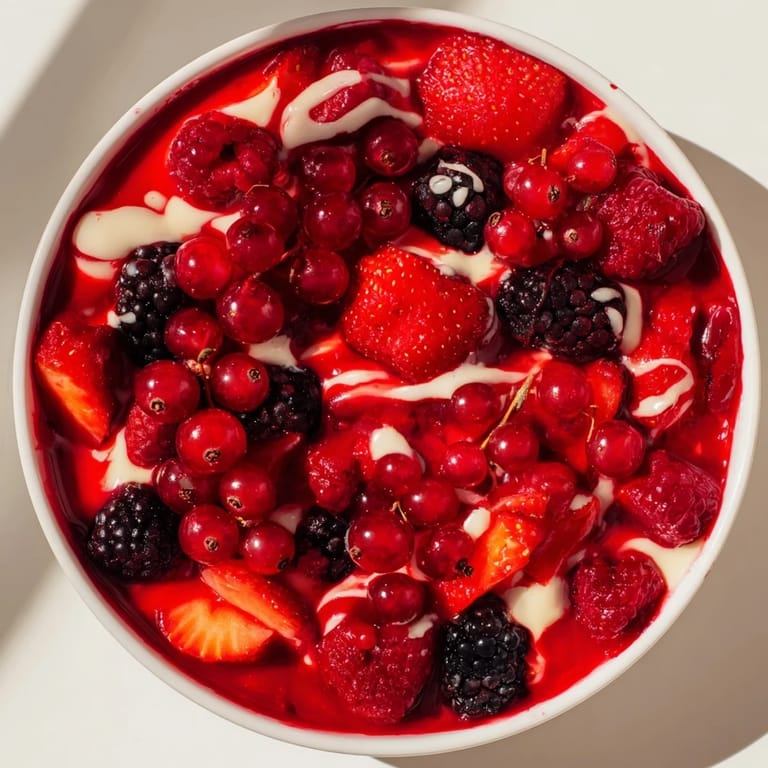 A close-up shot of homemade Rote Grütze, highlighting the rich vanilla sauce and colorful berries.