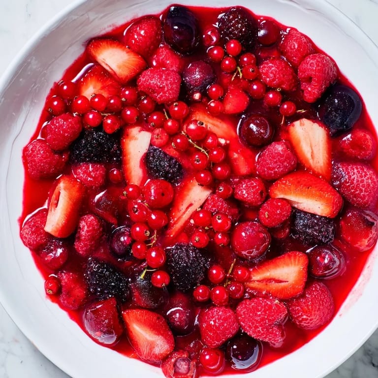 Freshly made Rote Grütze dessert, showcasing red berries and creamy vanilla sauce drizzled on top for serving.