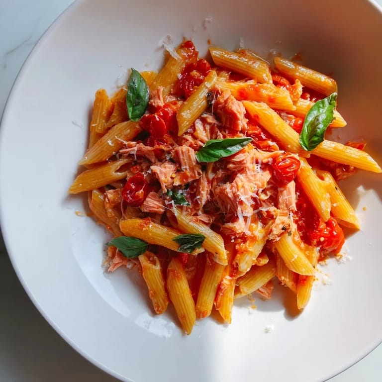 Close-up of freshly made blitz pasta with tomatoes and tuna, ready for serving.