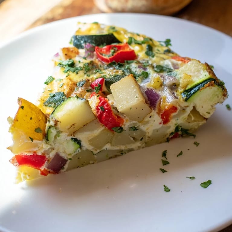 Savory slices of Potato and Vegetable Frittata, with tender vegetables and creamy texture, a delicious meal.
