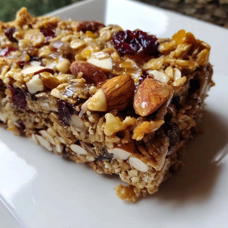 Close-up of freshly baked homemade oat & honey granola bars, with visible oats and nuts, ready to eat.