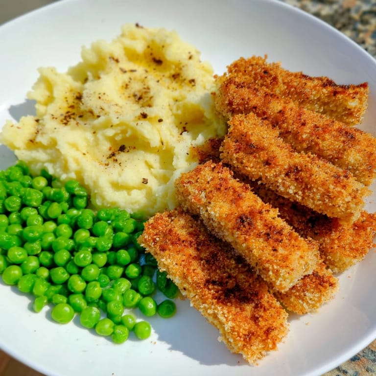 Family-friendly oven fish sticks recipe including soft mash and peas, a comforting, delicious dinner.
