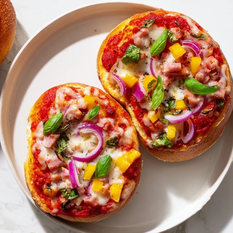 Warme, goldbraune Brötchen Pizza belegt mit Schinken, Käse und Gemüse.