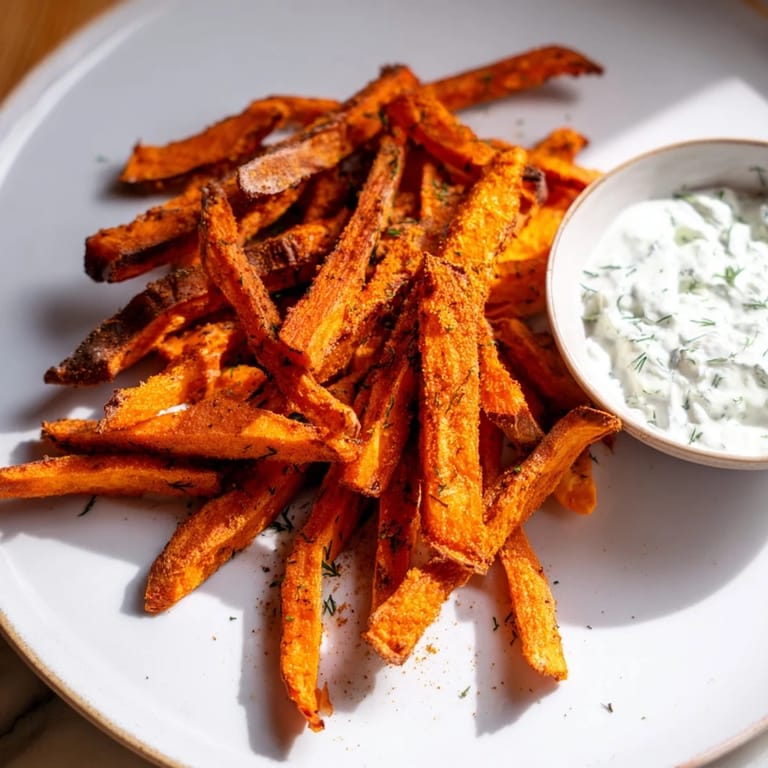 A delicious serving of oven-baked sweet potato fries, paired with creamy herbed yogurt for dipping.