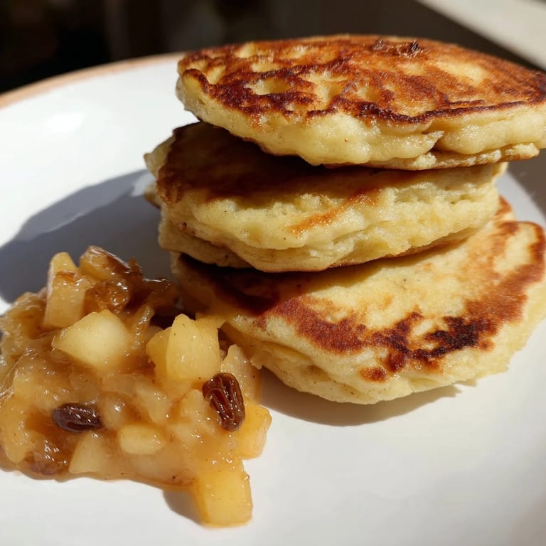Warm Quarkkeulchen, a delicious German dessert, ready to be enjoyed with a generous helping of apple compote.
