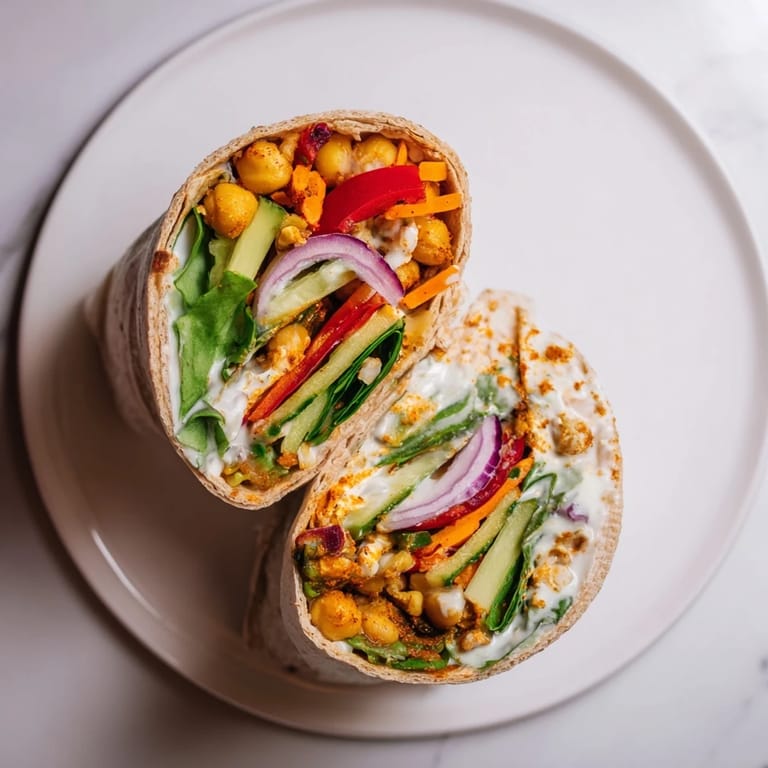 A close-up of a Chickpea & Vegetable Wrap, showcasing the colorful filling and fresh ingredients.