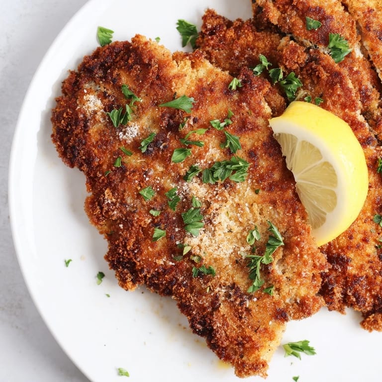 Close-up of perfectly breaded air fryer Wiener Schnitzel, showing a golden, flavorful crust.