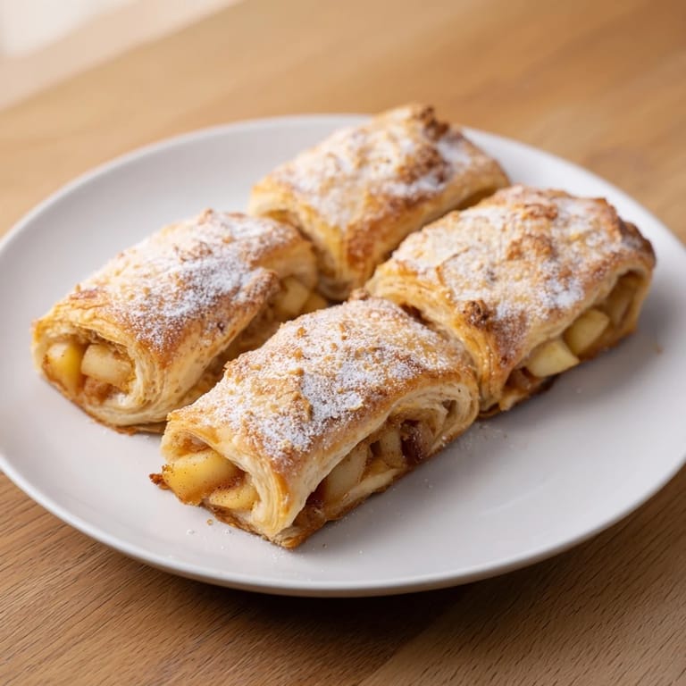 Close up of warm apple strudel rolls, dusted with powdered sugar, ready to eat.