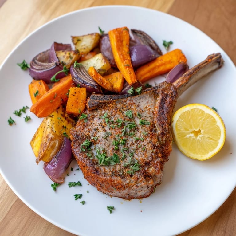 Golden-brown The Perfect Sheet Pan Pork Chop rests on a bed of caramelized root veggies, ready to serve.