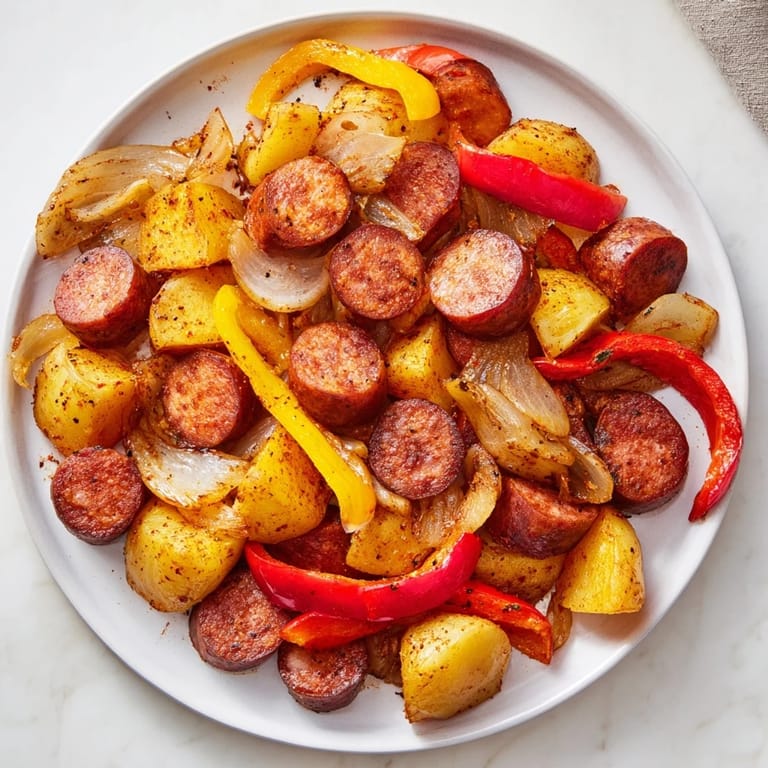Delicious 1-Pot Kielbasa and Potato Bake with browned kielbasa, tender potatoes, and vibrant peppers.