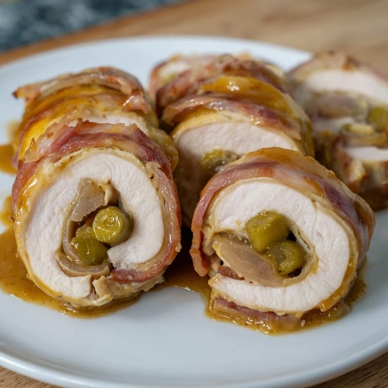A close-up of fully cooked Quick Chicken Rouladen Rolls, sliced revealing the delicious fillings and savory sauce.