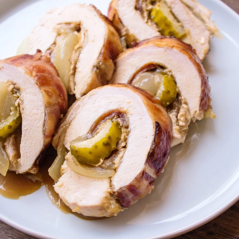 Savory Quick Chicken Rouladen Rolls are baked and served, showcasing the mustard and pickle filling.