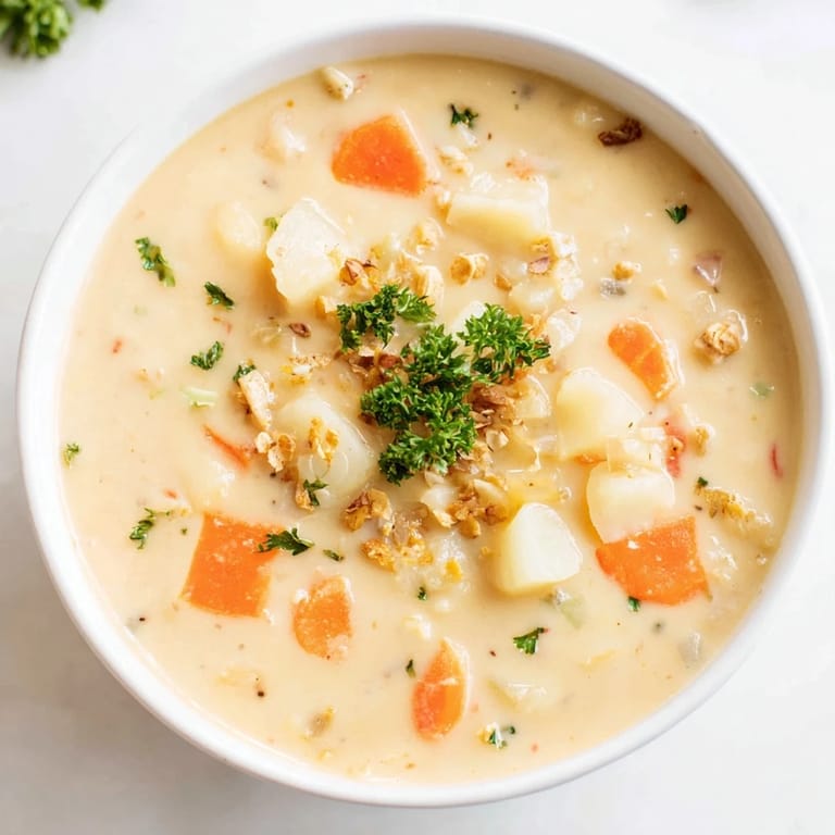 This Creamy Garlic Potato Soup image shows a close-up of the smooth, blended vegan recipe.