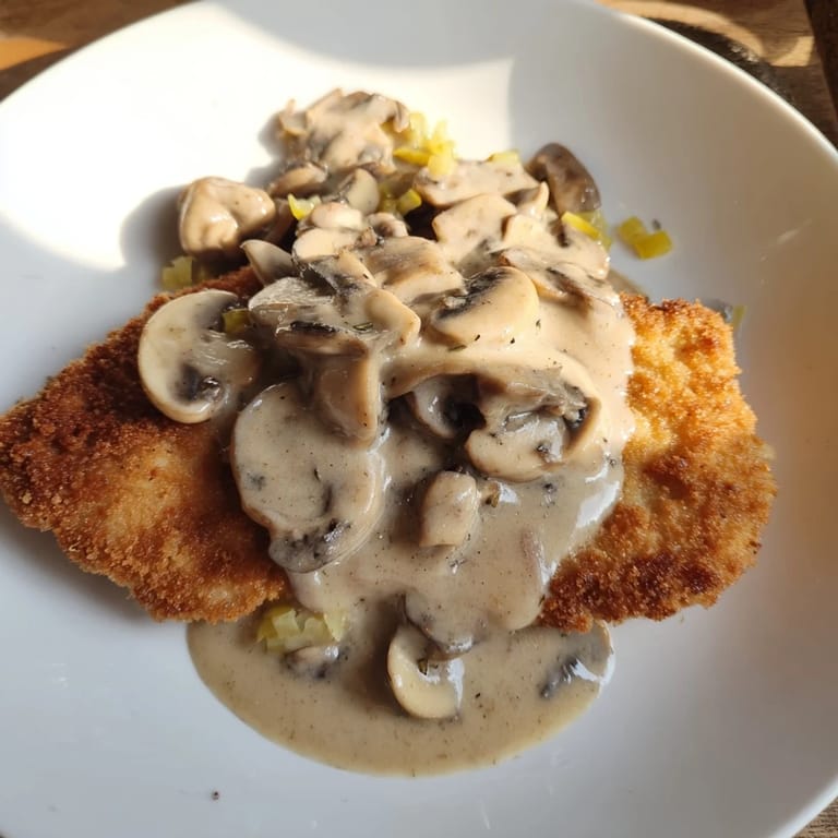 Golden-brown Jaeger Schnitzel sits beneath a rich, creamy mushroom gravy, a hearty German meal.
