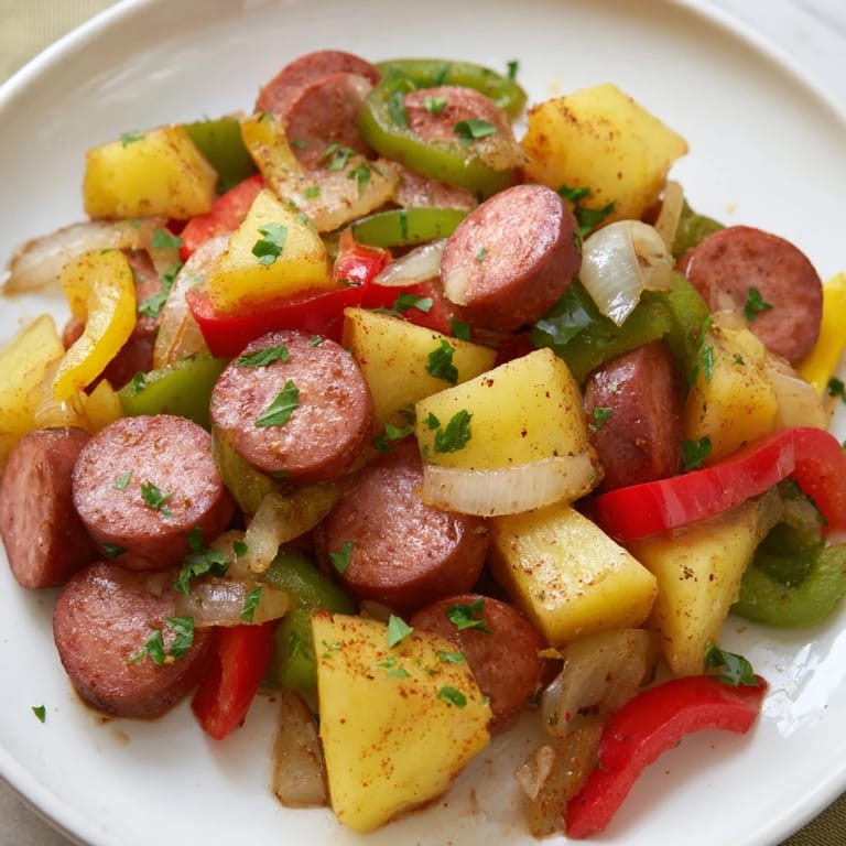 Smoky kielbasa and potato bake, fresh from the oven, with golden potatoes and colorful peppers.
