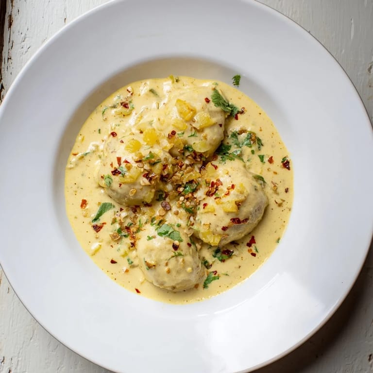 Steaming Curry Comfort Potato Dumplings swimming in rich, creamy coconut curry, ready to savor.