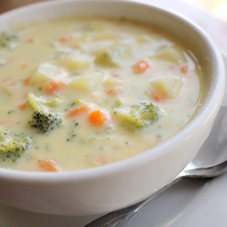 A close-up of delicious, flavorful creamy broccoli and cheese soup with melted cheese.