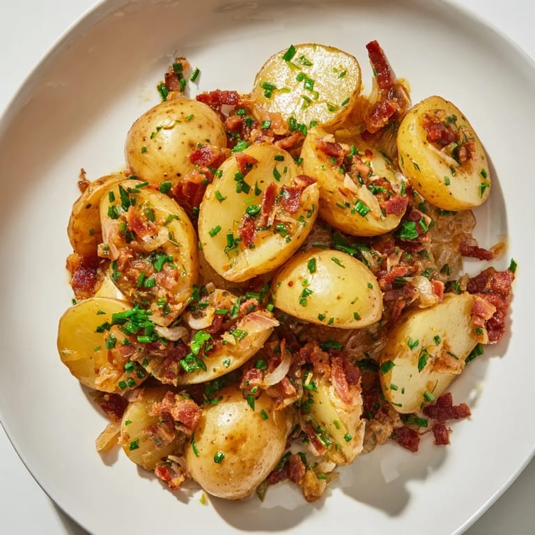 This warm German potato salad features tender potatoes and crispy bacon, delicious and comforting.