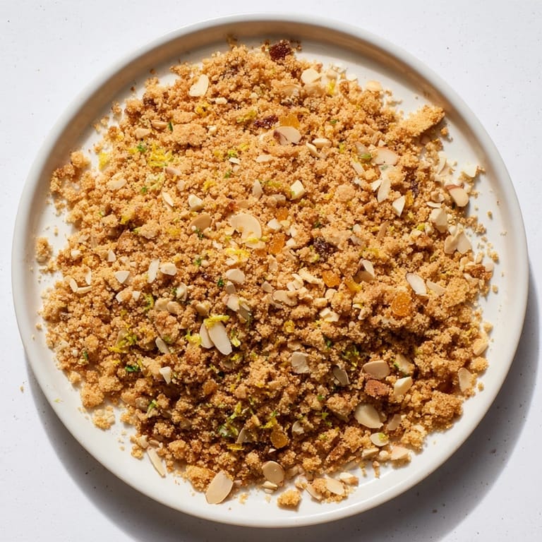 A bowl of Quick Stollen Crumble Topping, showcasing the perfect, spiced topping for cakes and muffins.
