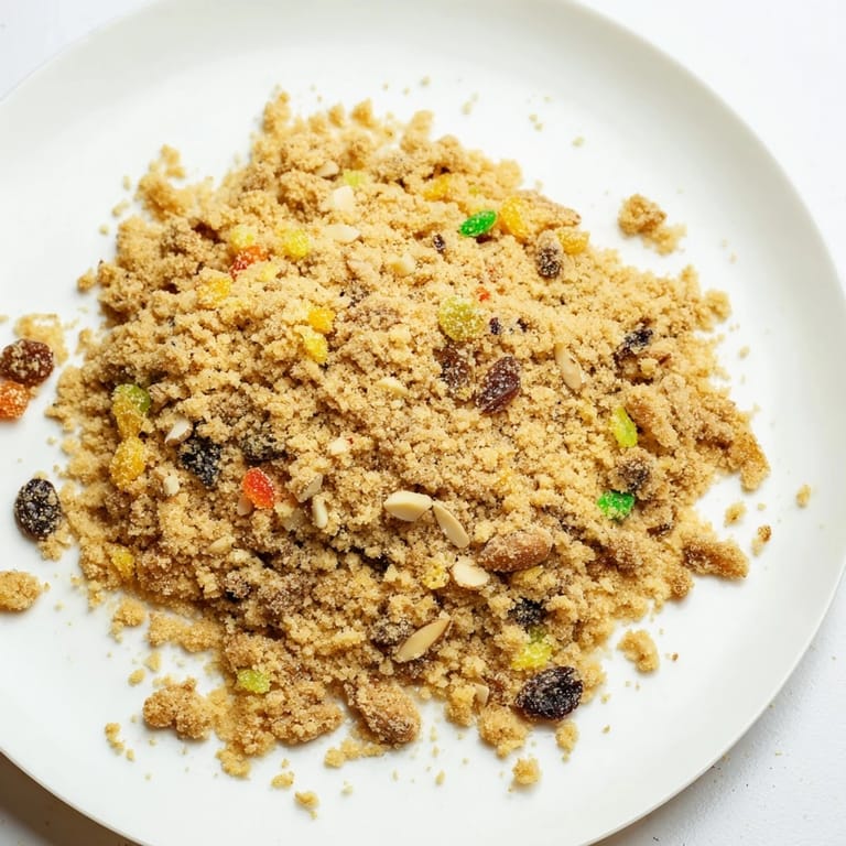 Textured close-up of Quick Stollen Crumble Topping ingredients, capturing the fragrant and beautiful recipe textures.
