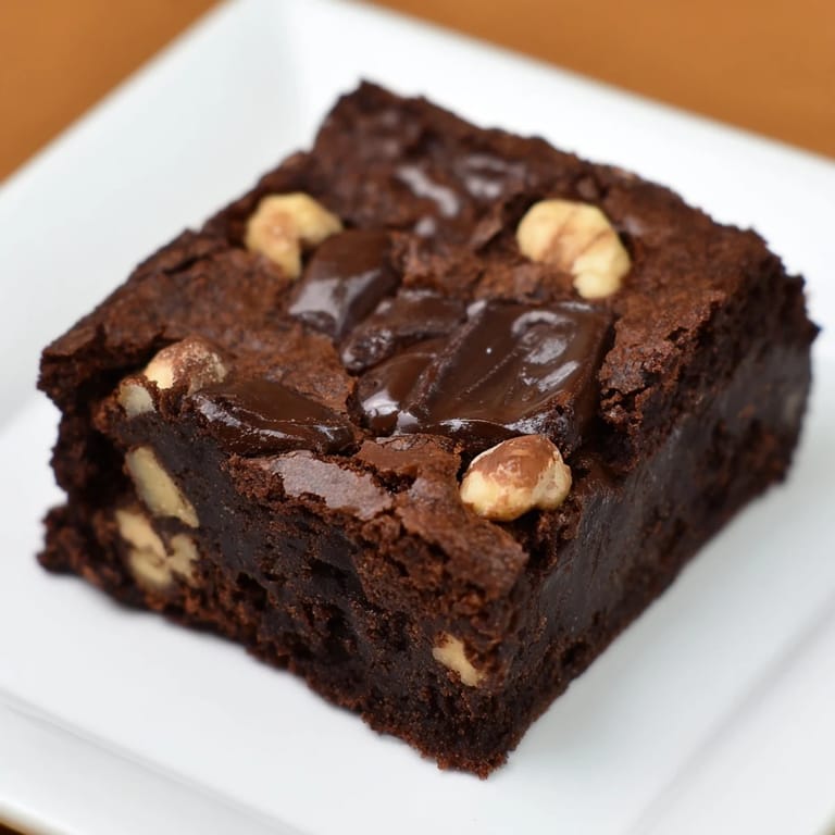 Close-up of Lightened Hazelnut Brownies, filled with chopped nuts perfect for your next treat.
