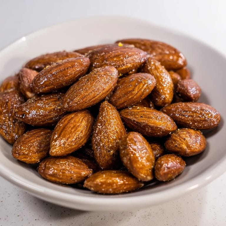 Close-up of freshly made Quick Glühwein Spiced Almonds glistening with spiced glaze, ready to serve and enjoy.