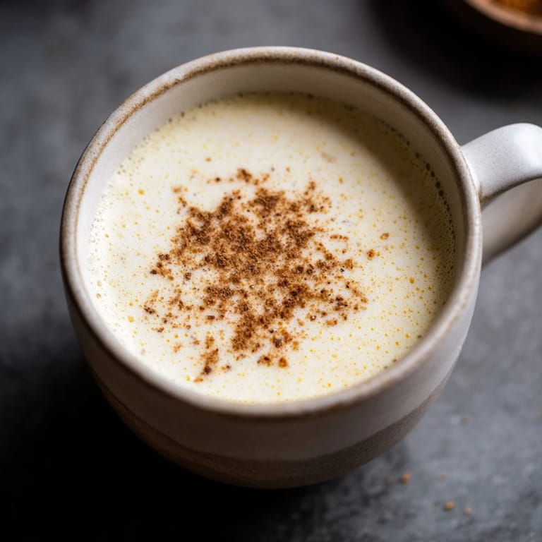 A close-up of Express Nutmeg Hot Milk, showing frothy milk topped with a sprinkle of fresh nutmeg.