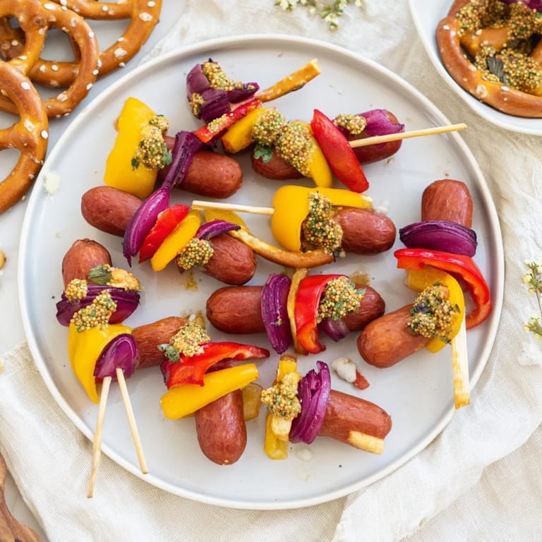 Golden-brown Lightened Wurst & Pretzel Skewers, a fun German-inspired appetizer ready to eat.
