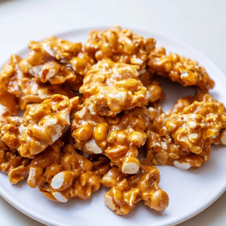 Homemade budget nut brittle, a golden brown delight with a generous mix of roasted nuts for snacking.