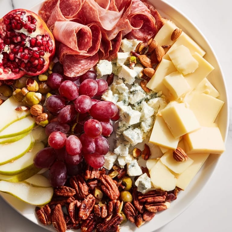 This enticing Winter Wonderland Grazing Tray showcases colorful fruits, savory meats, and delicious cheese selections.