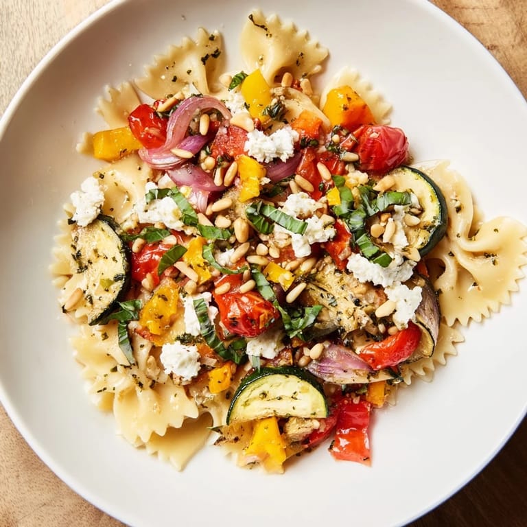 This Festive Bow Tie Pasta Platter shows a vibrant, flavorful dish with fresh herbs and toasted nuts.