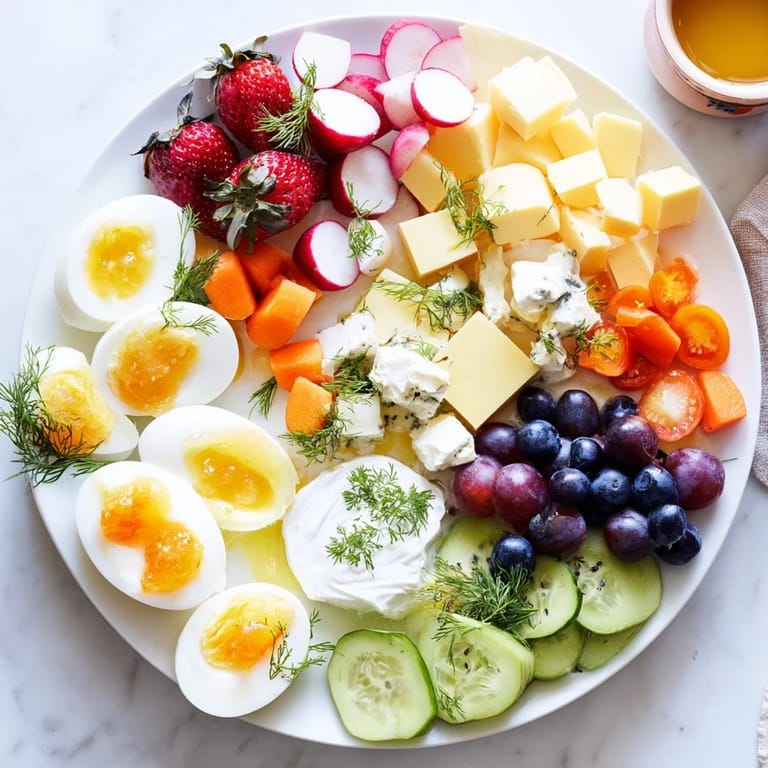 This Easter Egg-cellent Brunch Board has boiled eggs, cheddar cheese, and vibrant strawberries for a joyful spread.