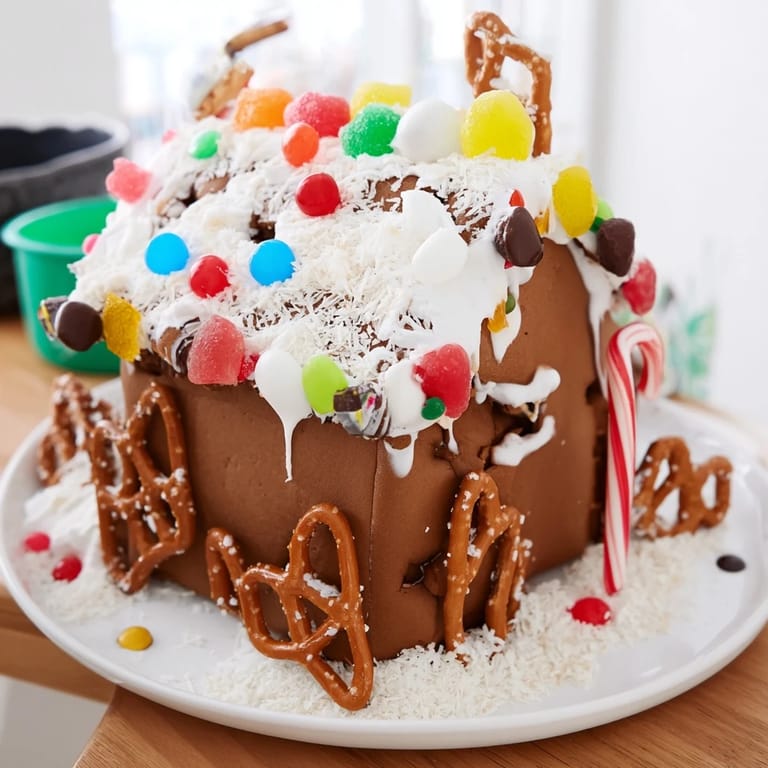 Close-up of a festive gingerbread house decorating kit featuring various candies and icing for fun.