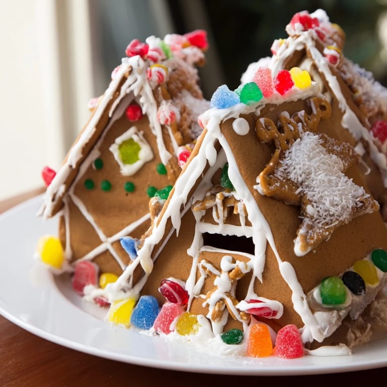 Delicious gingerbread house decorating kit shown; ready to assemble, decorate, and enjoy for the holidays.