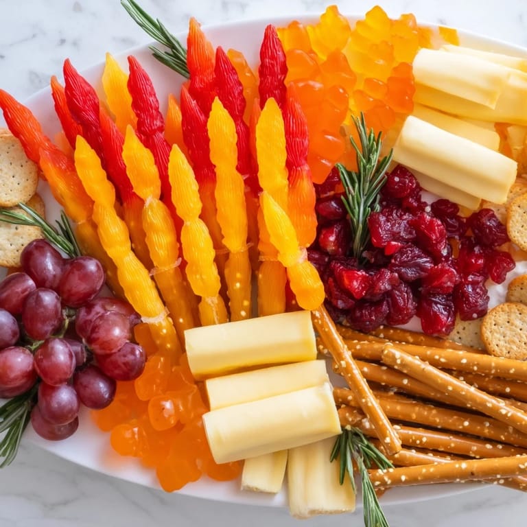 This delicious Flickering Fire Log Snack Board features assorted cheeses, meats, crackers, and fruits.