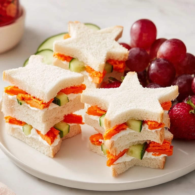 A close-up of a Beach Day Starfish snack spread, showing colorful fruits and playful sandwiches, ideal for kids.