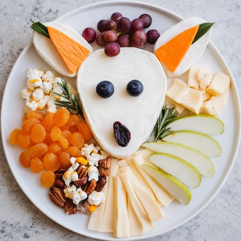 Close-up of a festive Whimsical Fox Fall Treat Board with fresh fruit and autumn flavors to enjoy.