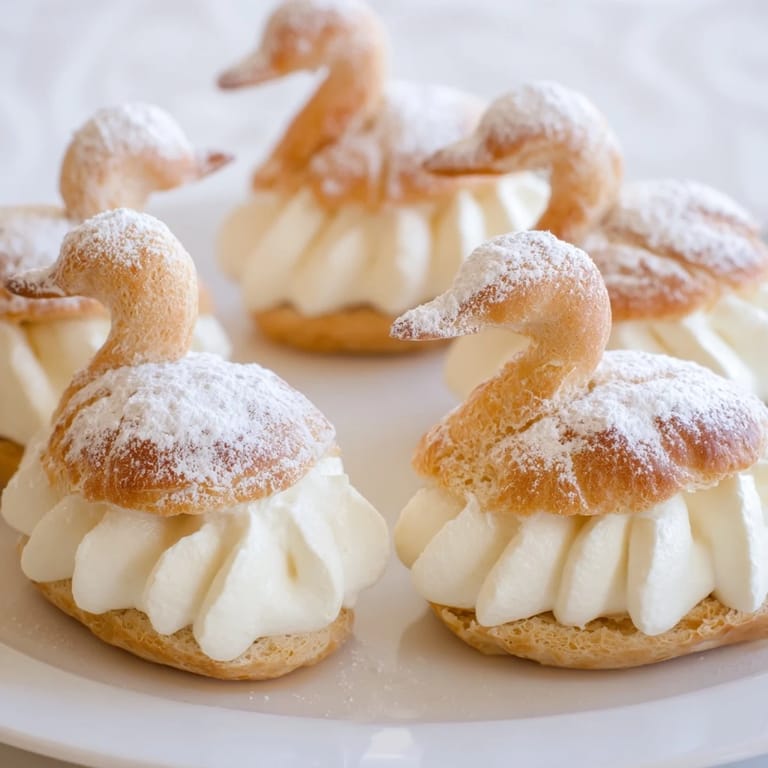 Close-up of golden-brown Elegant Swan Mini Pastries, dusted with powdered sugar, ready for tasting.