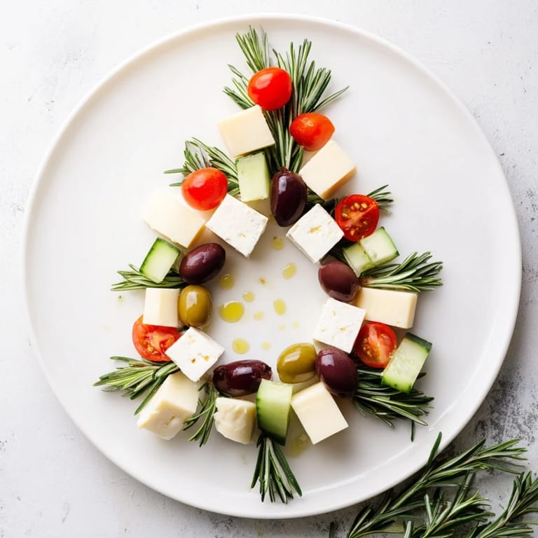 Mediterranean Cheese & Olives: A visually stunning pine tree shaped olive wreath appetizer perfect for holiday parties.
