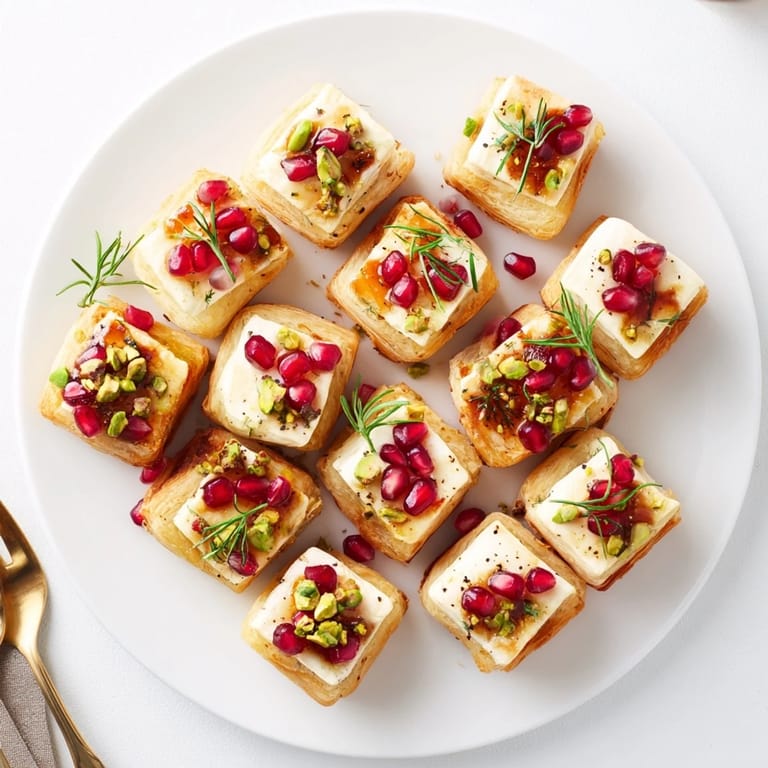 Warm Fireworks Brie Tartlets with vibrant pomegranate seeds for festive appetizer presentation.