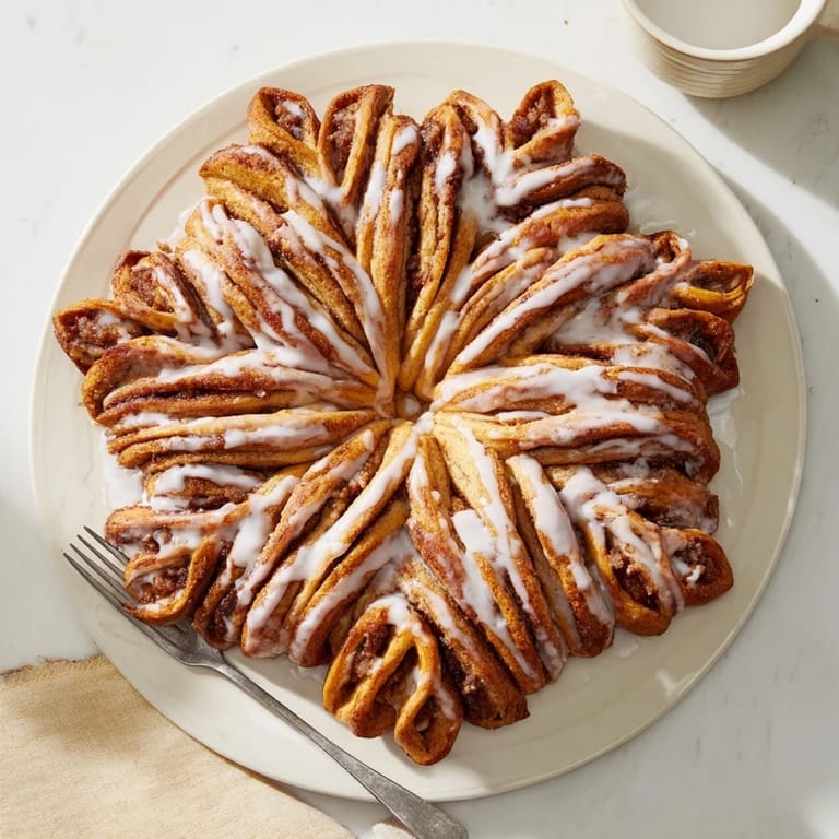 Warm, golden giant snowflake sweet rolls centerpiece, inviting you to imagine the taste of cinnamon filling.
