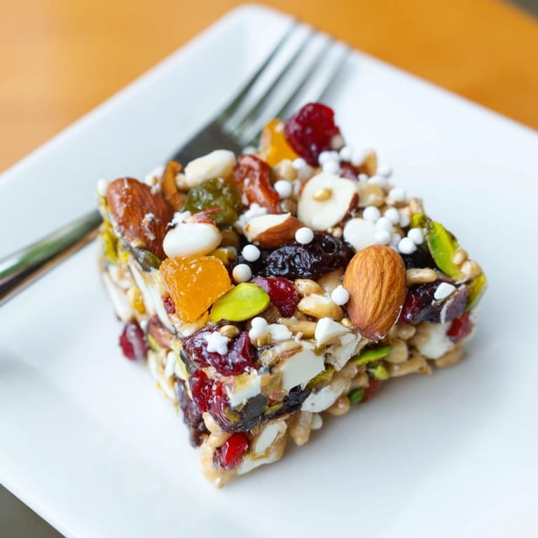 A close-up of a delightful Winter Wonderland Trail Mix Bar, ready for a winter treat.