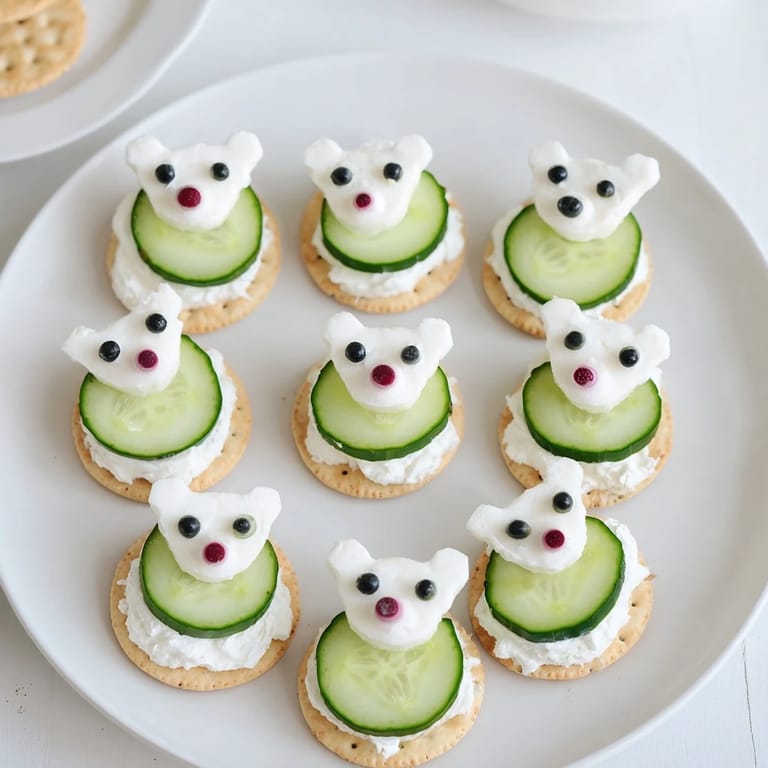 Creamy Polar Bear Iceberg Cracker Stacks, a delightful appetizer with refreshing cucumber icebergs, and olives.