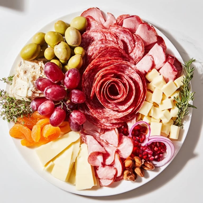 Elegant charcuterie board with meat rose bouquet, providing a selection of cheeses and fresh fruit.