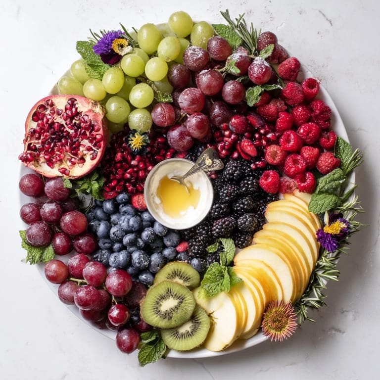 This eye-catching Winter Berry Wreath Fruit Board displays a festive holiday appetizer with ruby-red cranberries.