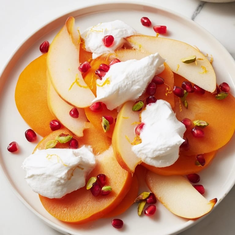 Refreshing winter fruit snowscape dessert with creamy mascarpone, pomegranate, and pistachios for serving.