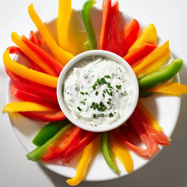 A platter overflowing with vibrant bell pepper strips, perfect with a tangy Greek yogurt dip.