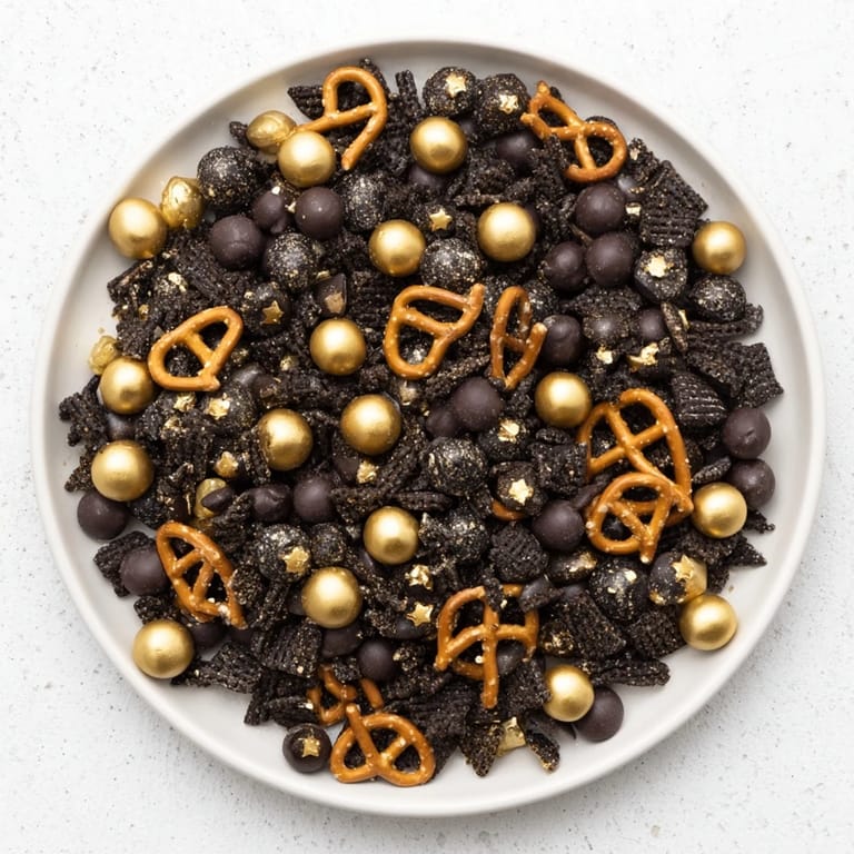 Golden and black Midnight Snack Mix, a festive and crunchy sweet-and-savory treat for New Year's.