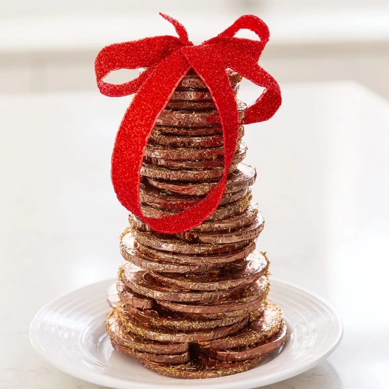 Festive chocolate gold coin display: stacked, foil-wrapped coins with ribbons for a sweet treat.