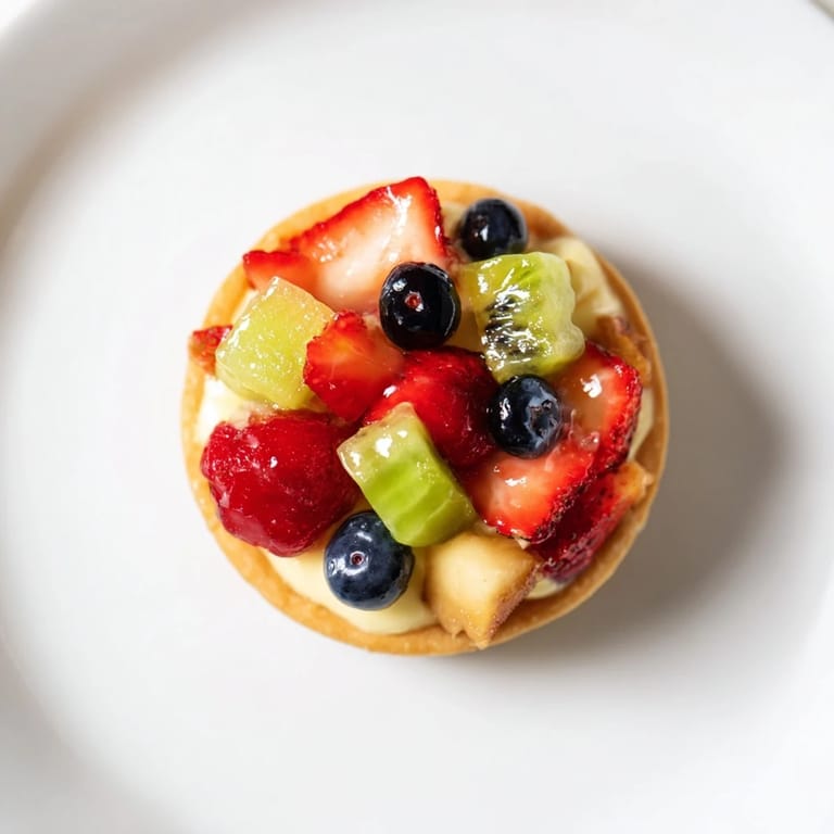 Vibrant mini fruit tartlets arranged in a circle, showcasing a delicious combination of fresh berries and cream filling.